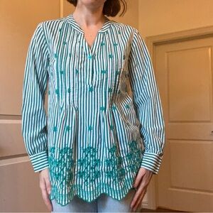Striped Green Embroidered Women's Top